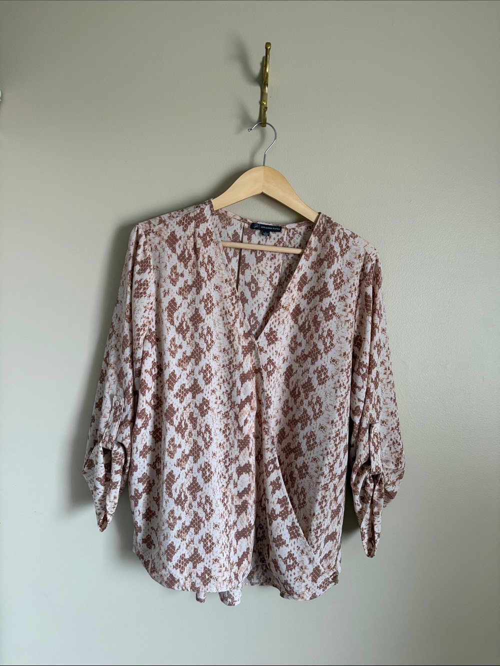 Adrianna Papell Cream and Brown Patterned V-Neck Blouse